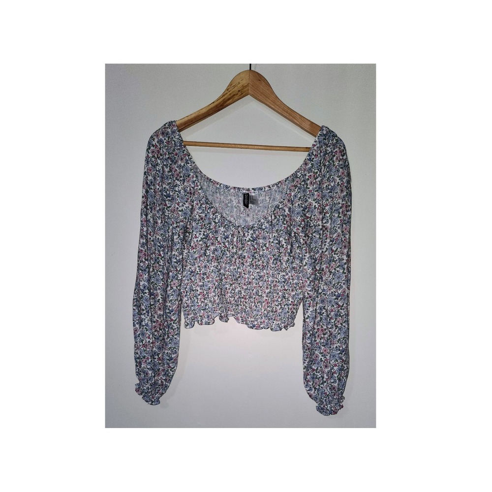 H&M Divided Ditsy Floral Smocked Crop Top Long Sleeve Blue Pink White Medium